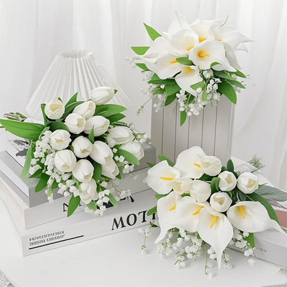 5Pcs White Silk Artificial Calla Lily Tulip Wedding Bride Bouquet for Home Room Decorations DIY Craft Wreath Gifts Accessories
