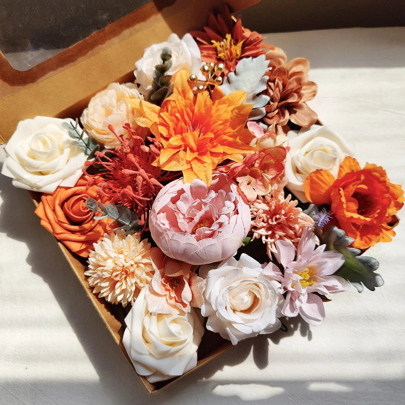 Yannew Terracotta Artificial Flowers Combo Box for DIY Wedding Bridal Bouquets Champagne Flower with Stem Arrangement Cake Decor
