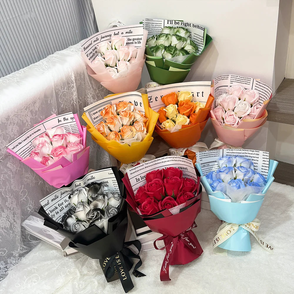 9 Heads Artificial Rose Bouquet Hand Holding Red Flower Birthday Valentine's Day Gift Wedding Bride Decoration Artificial Flower