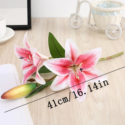 Artificial Silk Flowers Fake Lily Bouquet 41cm Long DIY Creative Two Flowers One Bud Branch Home Decoration Arrangement Flower