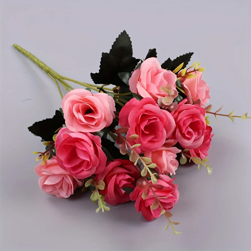 12 Heads Rose Artificial Flowers Fake Two Color Flowers with Stems Faux Roses Flower Bouquets Home Wedding Christmas Party Decor