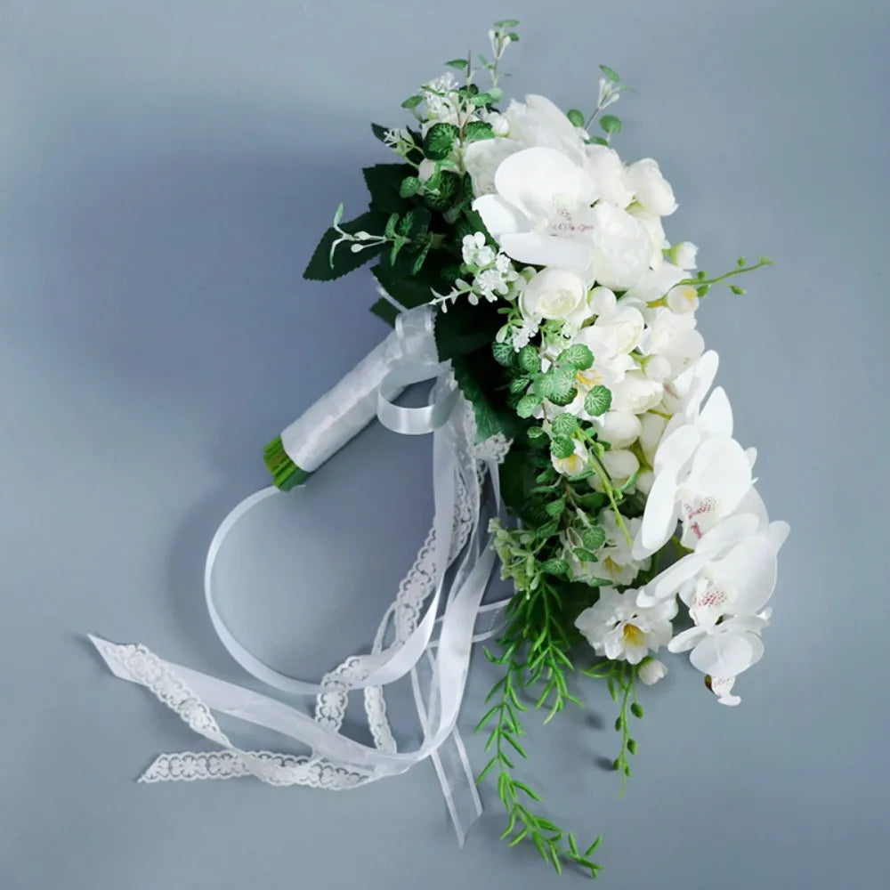 Simple White Moth Orchid Wedding Bouquets for Wedding Ceremony Silk Rose Water Drop Waterfall Buquê De Noiva Para Casamento