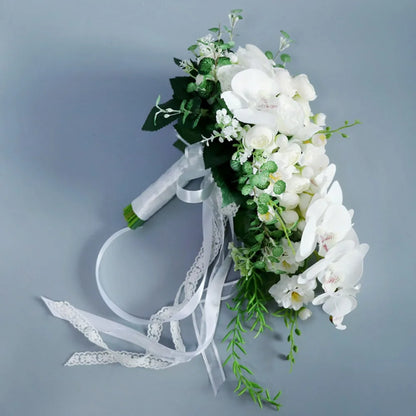 Simple White Moth Orchid Wedding Bouquets for Wedding Ceremony Silk Rose Water Drop Waterfall Buquê De Noiva Para Casamento
