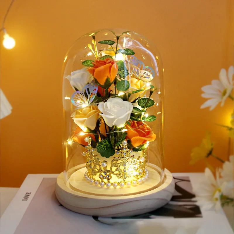 Eternal Red Rose Artificial Flowers with LED Light Creative Valentine's Day Gift Rose in Glass Cover Simulation Rose Flower