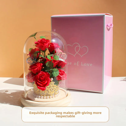 Eternal Red Rose Artificial Flowers with LED Light Creative Valentine's Day Gift Rose in Glass Cover Simulation Rose Flower