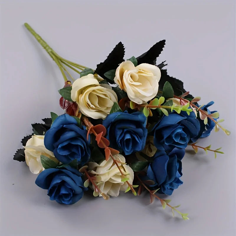 12 Heads Rose Artificial Flowers Fake Two Color Flowers with Stems Faux Roses Flower Bouquets Home Wedding Christmas Party Decor