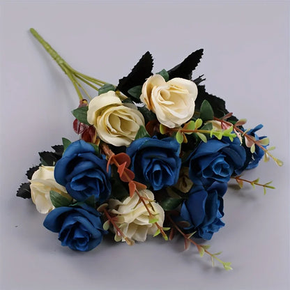 12 Heads Rose Artificial Flowers Fake Two Color Flowers with Stems Faux Roses Flower Bouquets Home Wedding Christmas Party Decor