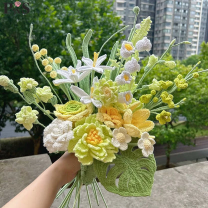Crochet Flowers Bouquet Handmade Luxury Artifical Flowers Peony Tulip Rose Fake Flowers Wedding Home Decoration Gifts for Lover