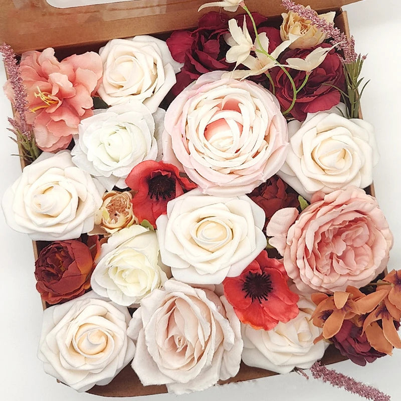 Yannew Terracotta Artificial Flowers Combo Box for DIY Wedding Bridal Bouquets Champagne Flower with Stem Arrangement Cake Decor