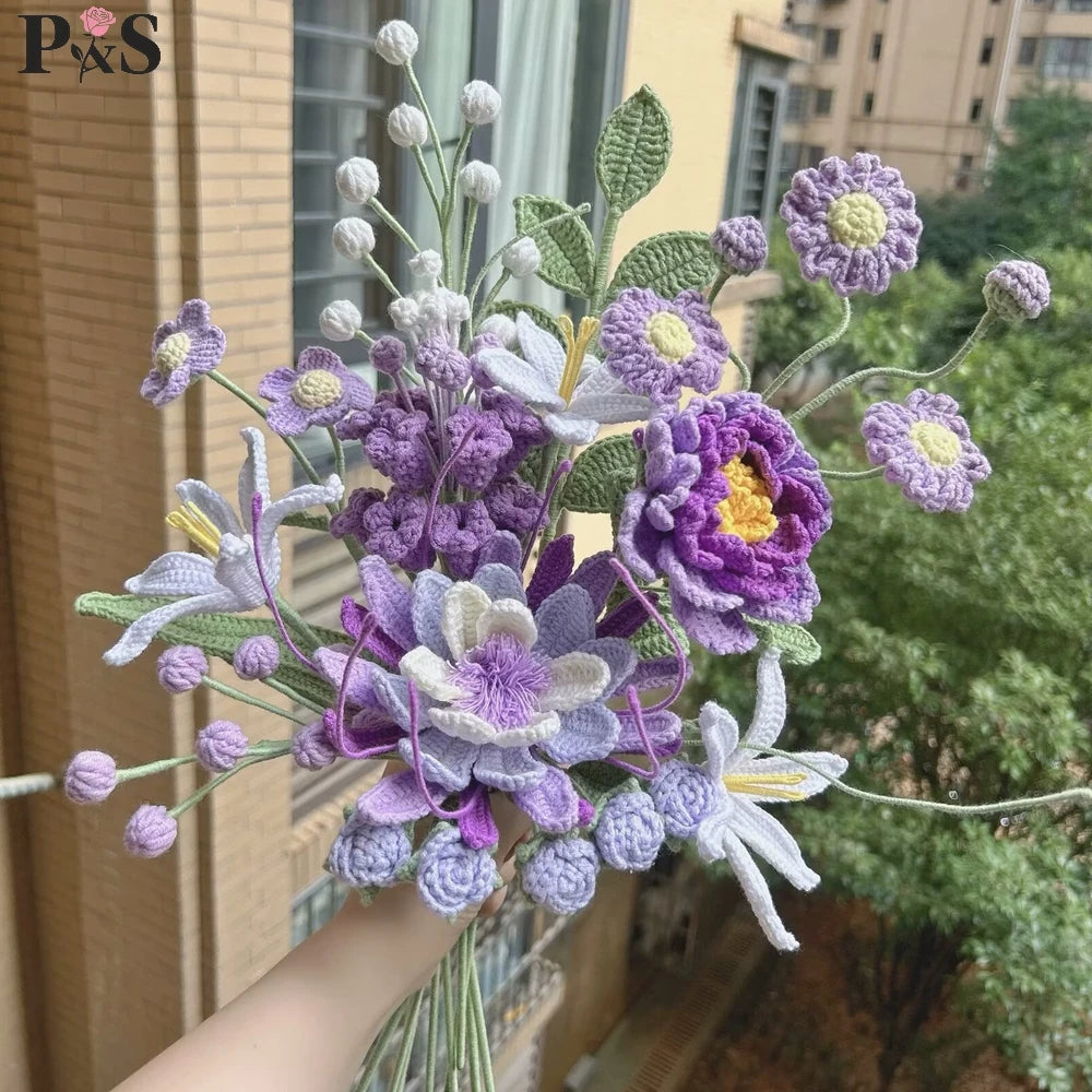Crochet Flowers Bouquet Handmade Luxury Artifical Flowers Peony Tulip Rose Fake Flowers Wedding Home Decoration Gifts for Lover