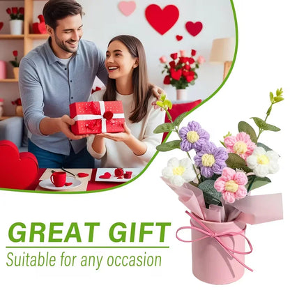 Handmade Bouquet with Pink Vase Including 5 Crocheted Flowers, Fabric Wrapping Paper and Ribbon - Mother's Day, Valentine's Day