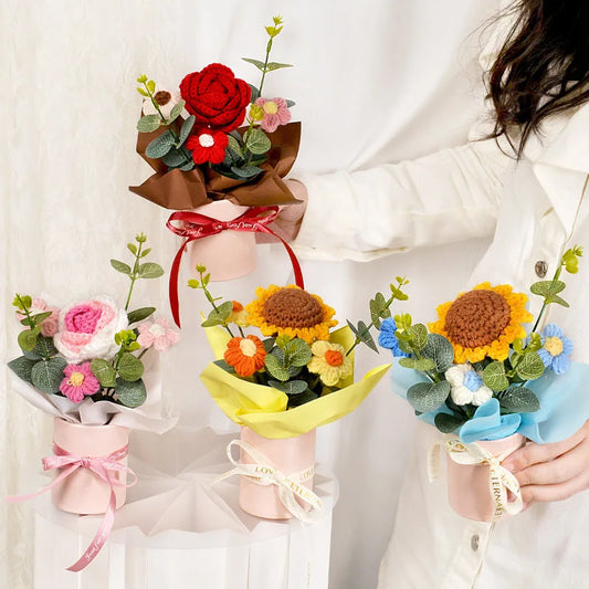 Finished Crochet Sunflowers Potted Artificial Flowers Bouquets Home Table Car Interior Decor Christmas Graduation Birthday Gifts