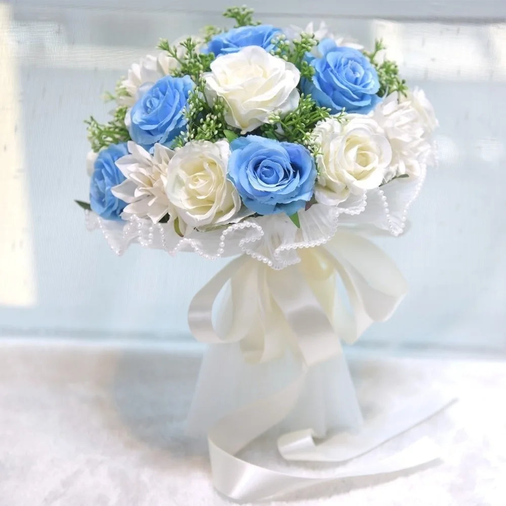 Baby's Breath Romantic Wedding Bouquets Artificial Silk Flowers Exquisite Bridal Bouquet Ribbon Pearl Lace White Rose Bouquet
