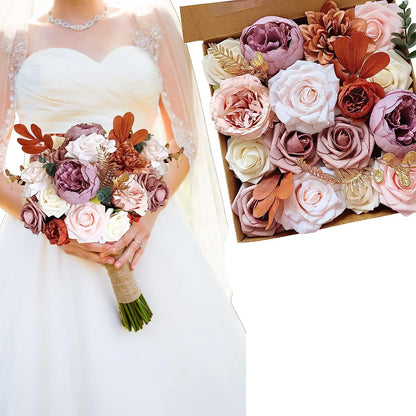 Yannew Terracotta Artificial Flowers Combo Box for DIY Wedding Bridal Bouquets Champagne Flower with Stem Arrangement Cake Decor
