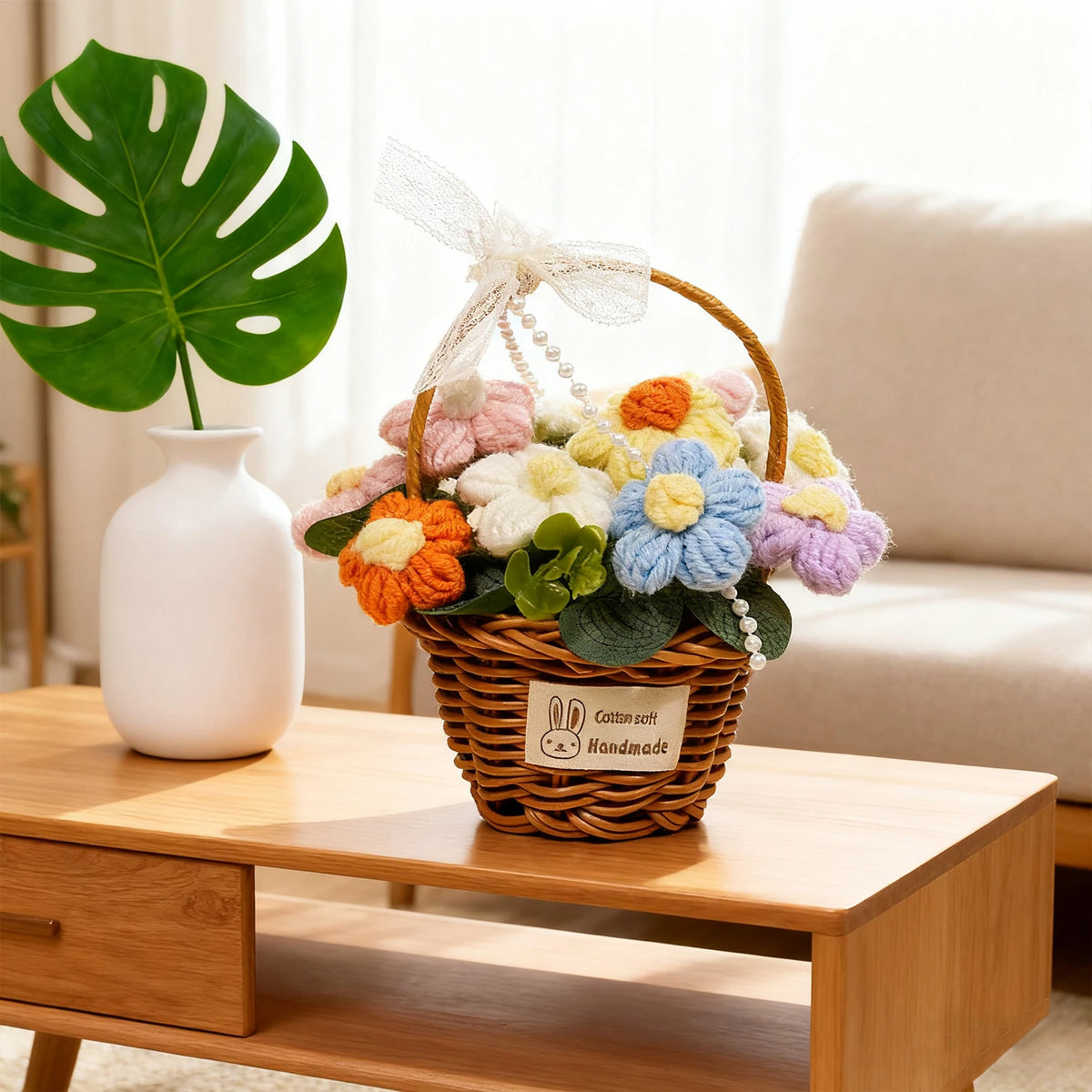 1pc Handmade Crochet Flower Bouquet, Knitted Daisy Flower Basket for Mother's Day, Christmas, Thanksgiving, Desk, Home Decor
