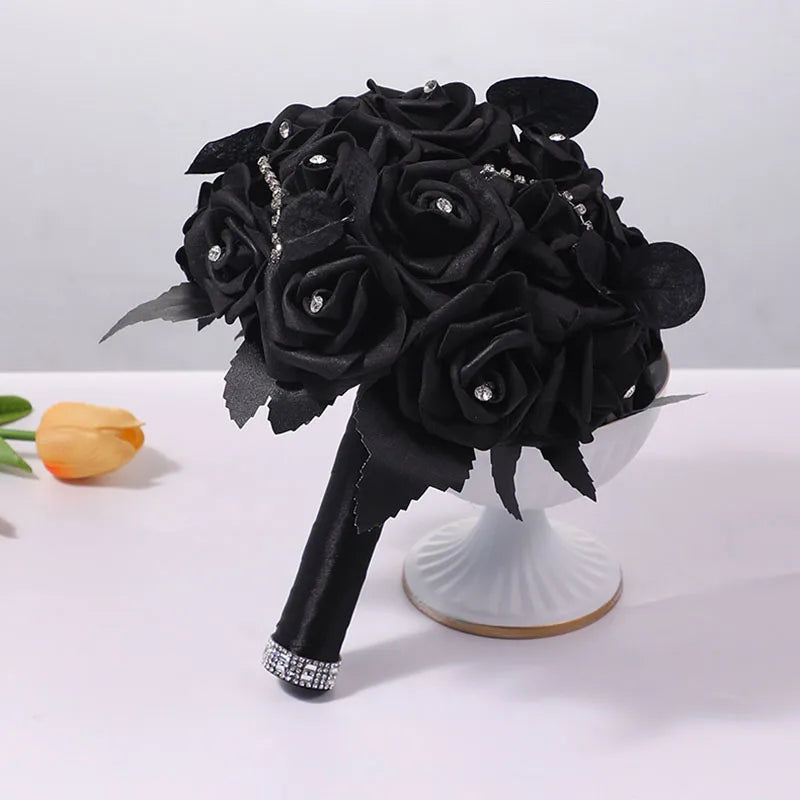 Yannew Black Burgundy Gothic Bridal Bouquets for Bride Bridesmaids Artifiicial Silk Foam Roses Flower Wedding Bouquet Halloween