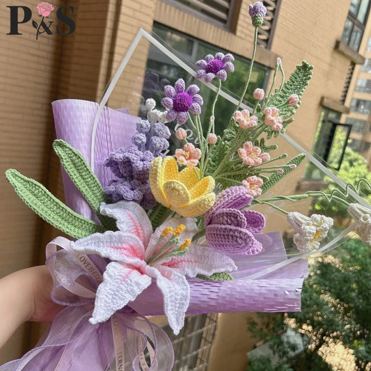 Crochet Flower Bouquet Handmade Knitted Lily Tulip Hyacinth Purple Artifical Flower Home Decoration Gifts for Birthday Wedding
