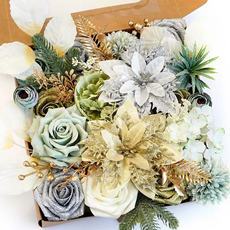 Yannew Terracotta Artificial Flowers Combo Box for DIY Wedding Bridal Bouquets Champagne Flower with Stem Arrangement Cake Decor