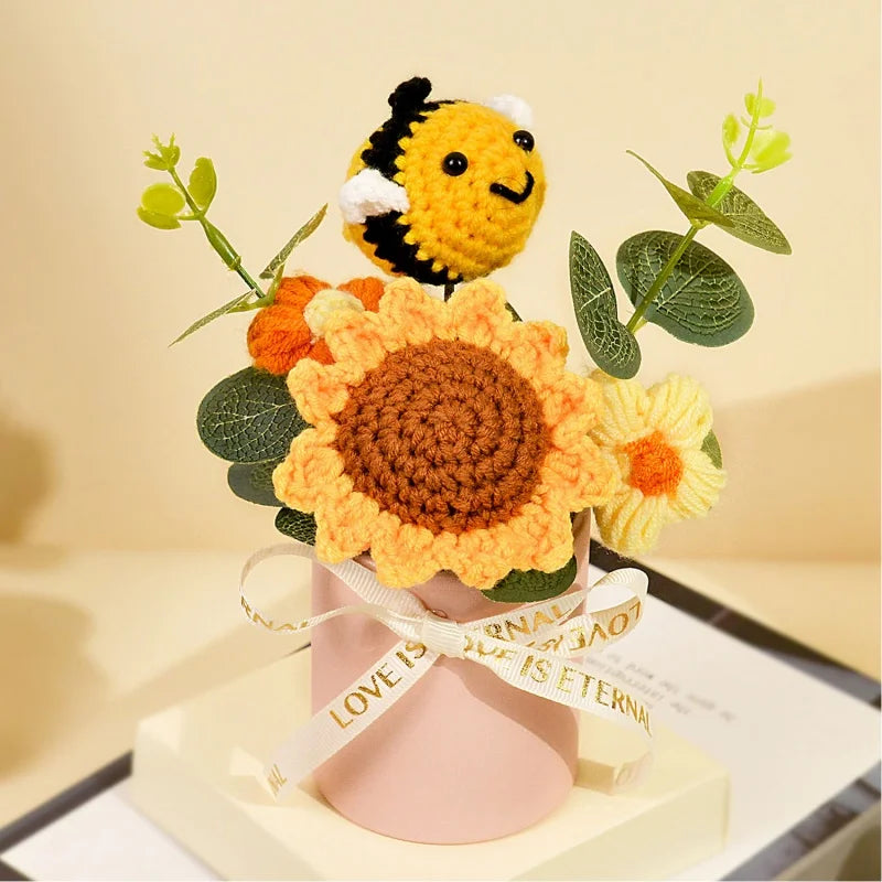 Finished Crochet Sunflowers Potted Artificial Flowers Bouquets Home Table Car Interior Decor Christmas Graduation Birthday Gifts
