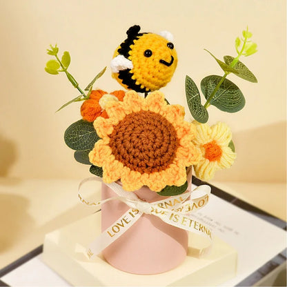 Finished Crochet Sunflowers Potted Artificial Flowers Bouquets Home Table Car Interior Decor Christmas Graduation Birthday Gifts
