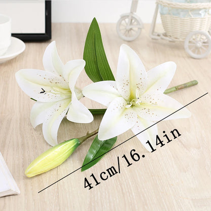 Artificial Silk Flowers Fake Lily Bouquet 41cm Long DIY Creative Two Flowers One Bud Branch Home Decoration Arrangement Flower