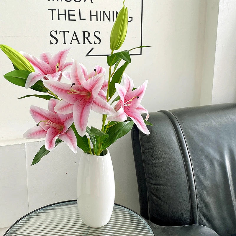 Artificial Silk Flowers Fake Lily Bouquet 41cm Long DIY Creative Two Flowers One Bud Branch Home Decoration Arrangement Flower