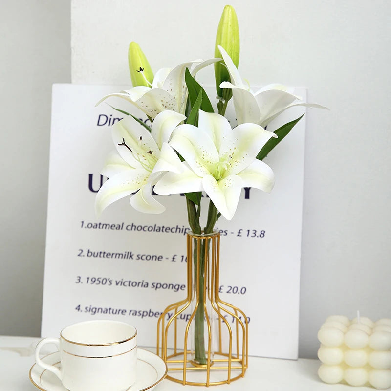 Artificial Silk Flowers Fake Lily Bouquet 41cm Long DIY Creative Two Flowers One Bud Branch Home Decoration Arrangement Flower