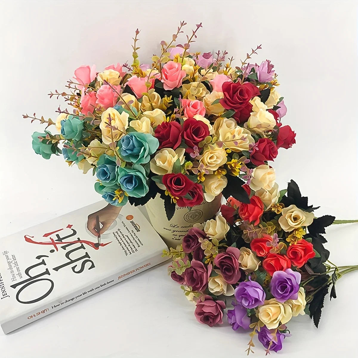 12 Heads Rose Artificial Flowers Fake Two Color Flowers with Stems Faux Roses Flower Bouquets Home Wedding Christmas Party Decor