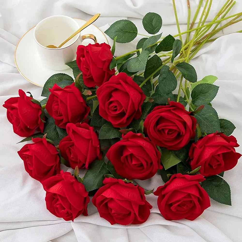 10pcs Artificial Flowers Silk Roses Long Branch Valentine's Day Bridal Bouquets Wedding Home Vase Table Decorations DIY Gift Box