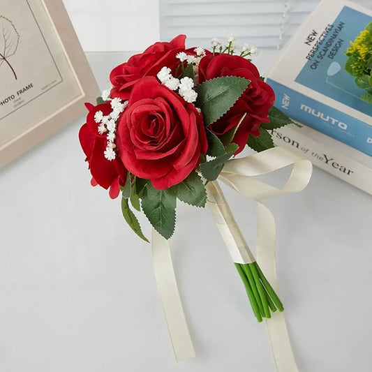 Silk Flower Bridal Bouquet Pre-Made Bowknot Wedding Bouquets for Bride Reusable Fake Flower Artificial Rose Bouquet