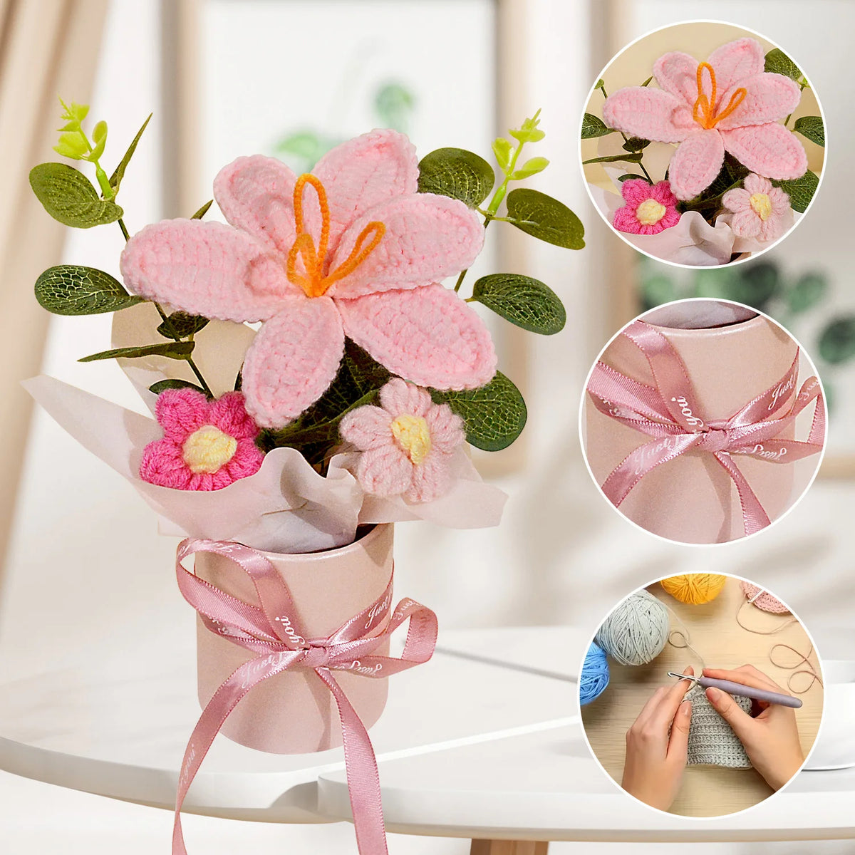 1PC Handmade Crochet Flower Bouquets, Crochet Knitted Fabric Pink Tulip Bouquet for Home Decor & Gift for Woman Wife Mom