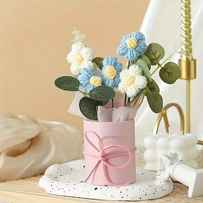 Handmade Bouquet with Pink Vase Including 5 Crocheted Flowers, Fabric Wrapping Paper and Ribbon - Mother's Day, Valentine's Day
