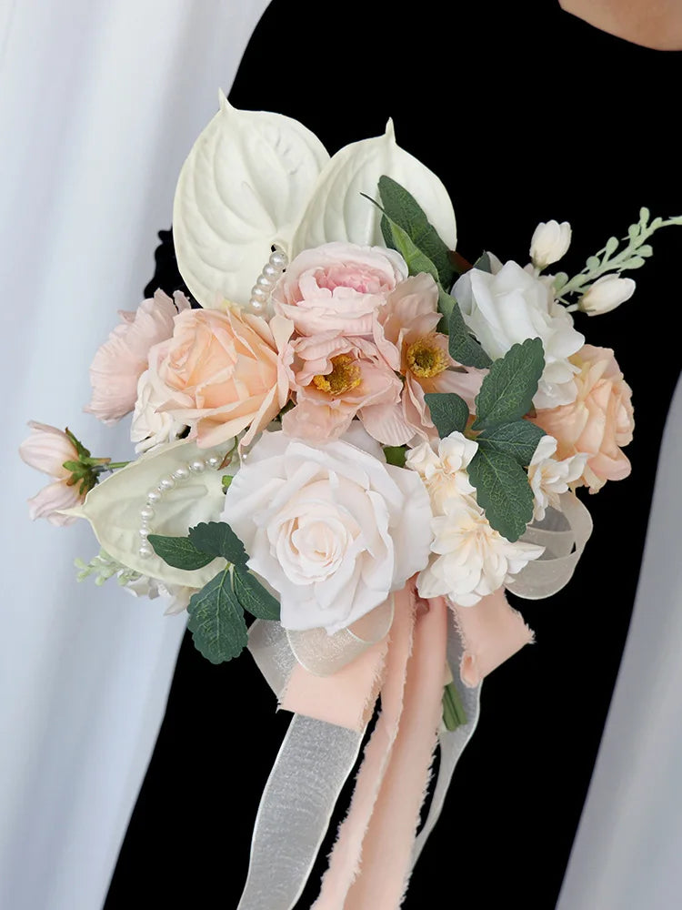 European Bridal Bouquets Wedding Flowers 40*40cm Wedding Accessories Pink with White Flowers Pearls