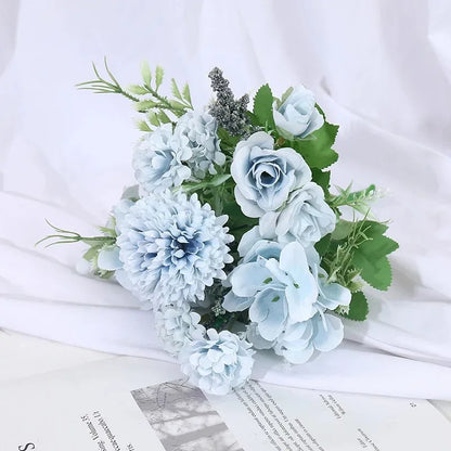 Artificial Flowers Rose Wedding Bouquet Fake Hydrangea Chrysanthemum Ball Flowers Bunch for Wedding Home Decoration Centerpieces
