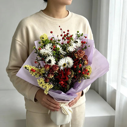Mixed Natural Dried Flower Bouquet, Dried Rose African Daisy Yellow Statice Lover Grass Acacia Beans Gypsophila, Purple Wrapped Floral, Home Wedding Party Table Decor, Holiday Gift for Women