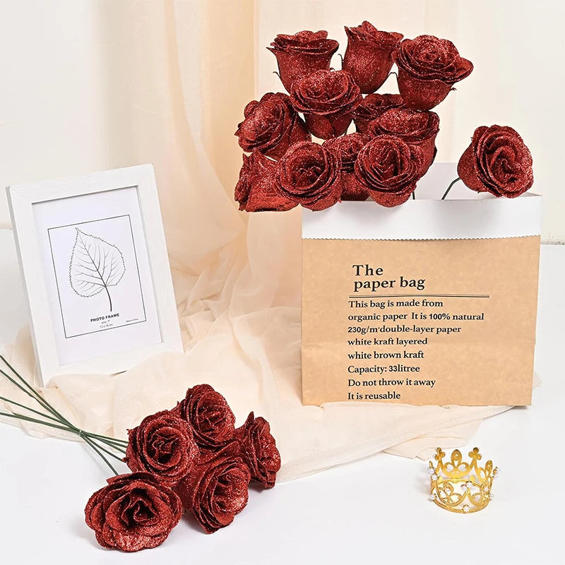 10Pcs/set Red Glitter Roses Bouquet DIY Gift Set Artificial Flower for Valentines Mother's Day Gift Home Wedding Decoration