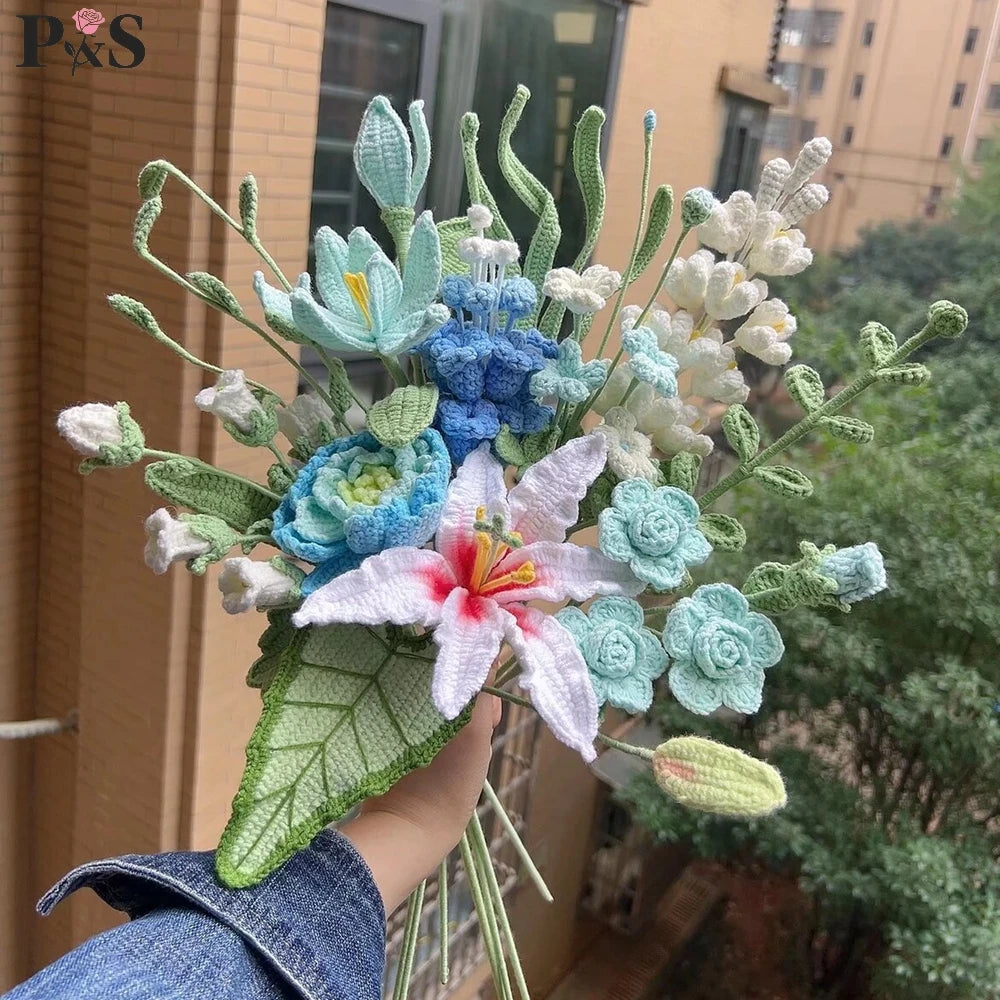 Crochet Flowers Bouquet Handmade Luxury Artifical Flowers Peony Tulip Rose Fake Flowers Wedding Home Decoration Gifts for Lover