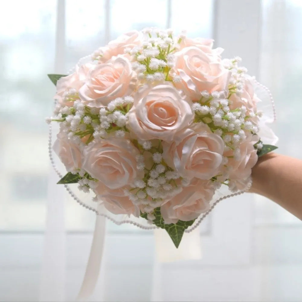 Baby's Breath Romantic Wedding Bouquets Artificial Silk Flowers Exquisite Bridal Bouquet Ribbon Pearl Lace White Rose Bouquet