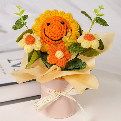 Finished Crochet Sunflowers Potted Artificial Flowers Bouquets Home Table Car Interior Decor Christmas Graduation Birthday Gifts