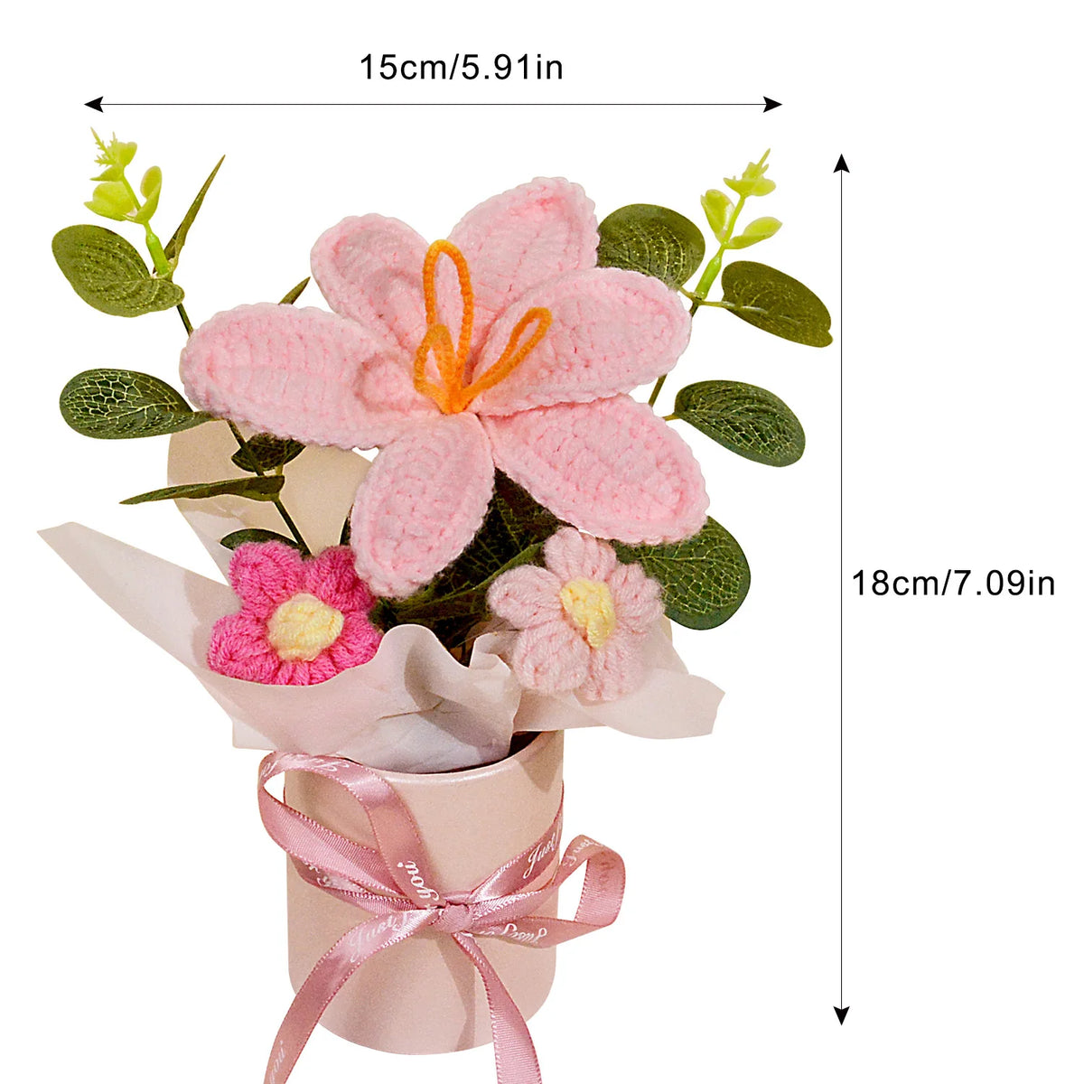 1PC Handmade Crochet Flower Bouquets, Crochet Knitted Fabric Pink Tulip Bouquet for Home Decor & Gift for Woman Wife Mom