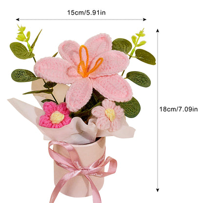 1PC Handmade Crochet Flower Bouquets, Crochet Knitted Fabric Pink Tulip Bouquet for Home Decor & Gift for Woman Wife Mom
