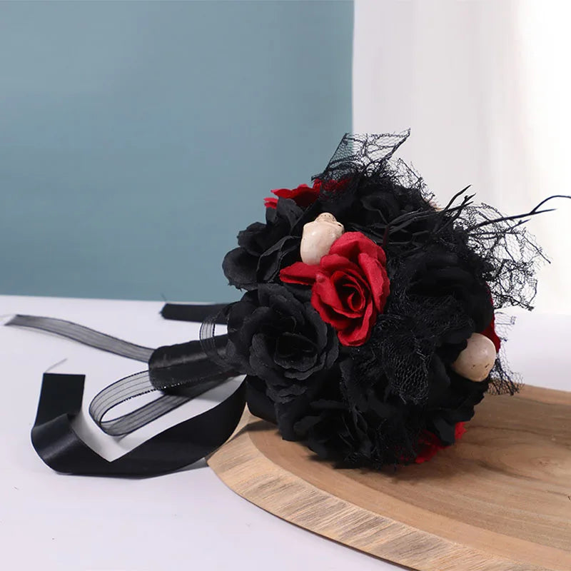 Yannew Black Burgundy Gothic Bridal Bouquets for Bride Bridesmaids Artifiicial Silk Foam Roses Flower Wedding Bouquet Halloween
