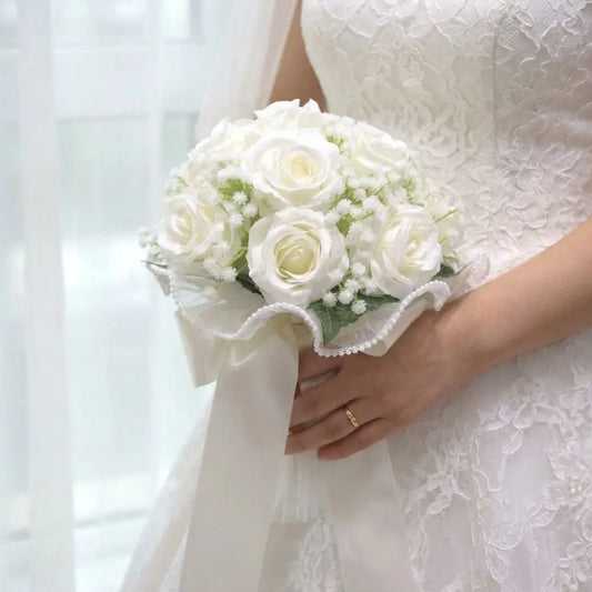 Baby's Breath Romantic Wedding Bouquets Artificial Silk Flowers Exquisite Bridal Bouquet Ribbon Pearl Lace White Rose Bouquet