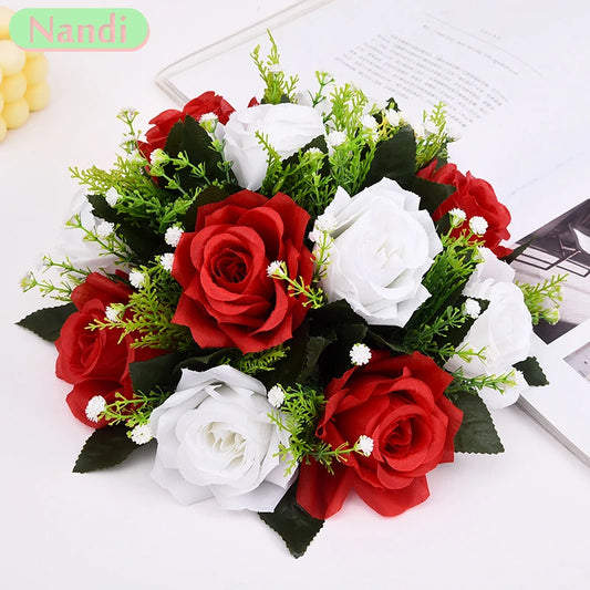 Cheap Artificial Flower Ball Plastic Green Mesh Base Silk Table Centerpieces For Wedding Decor Party Road Lead Flower Bouquets