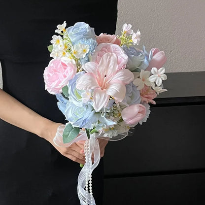 Korean Style Artificial Bridal Hand Bouquet, Tulip Mixed Flower with Ribbon for Wedding Photoshoot, Registry & Party Decor Props