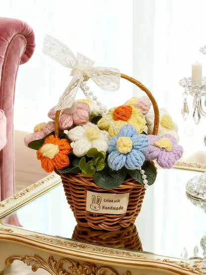 1pc Handmade Crochet Flower Bouquet, Knitted Daisy Flower Basket for Mother's Day, Christmas, Thanksgiving, Desk, Home Decor