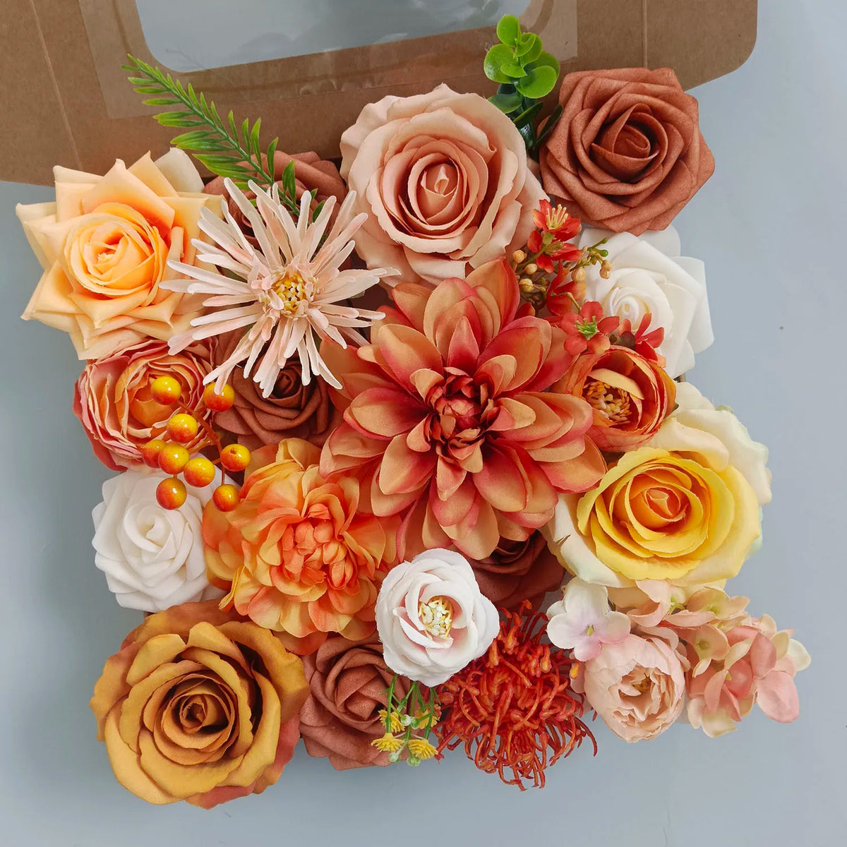 Yannew Terracotta Artificial Flowers Combo Box for DIY Wedding Bridal Bouquets Champagne Flower with Stem Arrangement Cake Decor