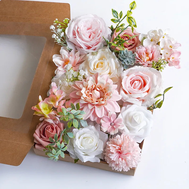 Yannew Terracotta Artificial Flowers Combo Box for DIY Wedding Bridal Bouquets Champagne Flower with Stem Arrangement Cake Decor