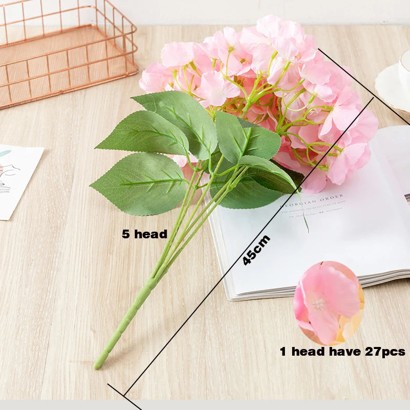 48CM Long 5 Heads Silk Hydrangea Heads with Stems Artificial Hydrangea Flower Head for Home Wedding Party Baby Shower Decoration