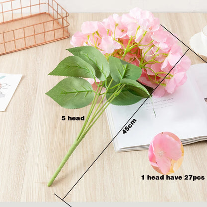 48CM Long 5 Heads Silk Hydrangea Heads with Stems Artificial Hydrangea Flower Head for Home Wedding Party Baby Shower Decoration